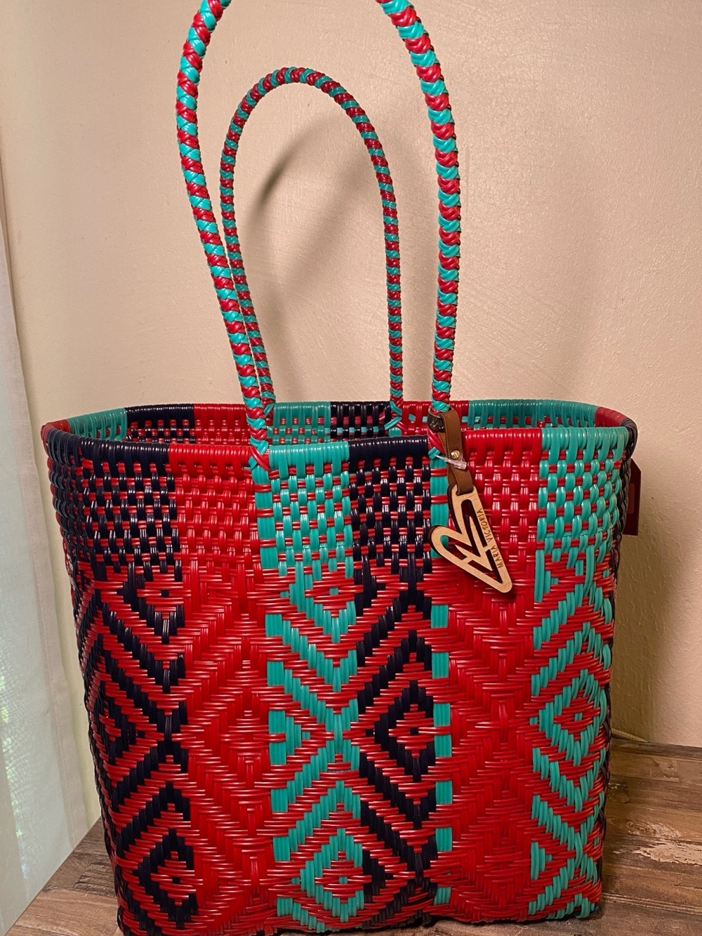 Maria Victoria Braided Geometric Tote in Red, Teal & Black